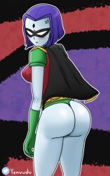 1girls angry big_ass blush cartoon_network cosplay dc dc_comics female female_only forehead_jewel goth goth_girl grey_skin purple_hair rachel_roth raven_(dc) robin_(dc) robin_(dc)_(cosplay) solo teen_titans yenvudu