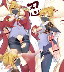 1boy alternate_hairstyle bangs bar_censor blonde_hair blue_eyes blush bodysuit breast_grab breasts censored diphallia diphallism female fingerless_gloves fish_boy genderswap_(mtf) gloves grabbing grabbing_from_behind hair_ornament hair_stick head_out_of_frame highres kissing link mask medium_breasts mouth_mask multi_penis nipples official_alternate_costume penis pointy_ears pussy rule_63 scarf sharp_teeth sheikah_link short_hair sidon sidon_(zelda) stealth_set stealth_set_(zelda) straight teeth the_legend_of_zelda the_legend_of_zelda:_breath_of_the_wild tongue tongue_out torn_bodysuit torn_clothes translation_request ttanuu. vaginal_penetration white_scarf zora