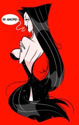 1girls big_breasts black_hair dress female female_only goth long_hair looking_back mature_female milf morticia_addams mother pixelzsinful red_background sideboob speech_bubble text the_addams_family