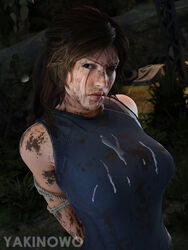 1girls 3d angry big_breasts breasts brown_eyes brown_hair captured clothed_female cum cum_on_breasts cum_on_face cum_on_lips detailed_background dirty female_only lara_croft lara_croft_(survivor) long_hair looking_at_viewer ponytail rope rope_bondage tomb_raider yakinowo