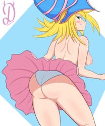 ass back_view big_breasts dark_magician_girl dealore female green_eyes hat panties panties_showing pink_skirt skirt_lift skirt_up smiling_at_viewer smirking_at_viewer teasing yellow_hair yu-gi-oh!