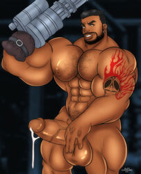 1boy abs alexcherubic balls bara barret_wallace black_hair brown_body final_fantasy final_fantasy_vii genital_fluids genitals gun hairy hairy_chest hairy_male male male_only muscle muscles muscular muscular_male nipples nude nude_male pecs penis pubic_hair smile solo solo_focus solo_male veins veiny_penis