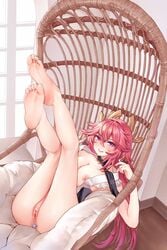 absurdres anal animal_ears ass bare_arms bare_legs bare_shoulders barefoot breasts buttplug censored cleavage feet feet_up female fox_ears genshin_impact highres icons_(1452697582) japanese_clothes legs legs_up long_hair looking_at_viewer miko nipples panties pink_hair purple_eyes pussy sex_toy soles solo toes underwear white_panties wide_sleeves yae_miko