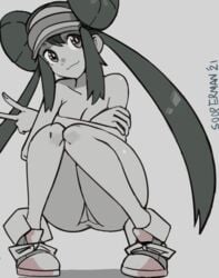 artist_name bangs breasts closed_mouth commentary commission crossed_arms double_bun female grey_background knees_together_feet_apart long_hair nude pokemon pokemon_(game) pokemon_bw2 pussy rosa_(pokemon) shoes sidelocks simple_background smile sneakers solo sooperman squatting twintails uncensored v visor_cap