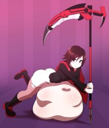 big_belly black_hair clothing female female_pred laying_on_stomach ruby_rose rwby same_size_vore scythe silver_eyes starcrossing stockings vore weapon