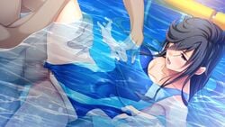 1girls 2boys bangs black_hair blue_swimsuit breasts censored cleavage clothing_aside collarbone covered_navel eyebrows_visible_through_hair female female_focus floating_hair game_cg group_sex hair_between_eyes half-closed_eyes highres large_breasts long_hair mmf_threesome mosaic_censoring multiple_boys official_art one_eye_closed open_mouth partially_submerged penis pool purple_eyes school_swimsuit sex shiny shiny_hair spread_legs straight swimsuit swimsuit_aside tamaki_juri thigh_grab threesome toriko_no_kizuna toriko_no_kizuna_~ubawareta_gakuen_ni_hibiku_shojo_no_aegi~ vaginal_penetration very_long_hair