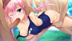 1girls 2boys armpits ass bangs blue_eyes blue_swimsuit breasts censored clothing_aside collarbone double_penetration eyebrows_visible_through_hair fellatio female female_focus floating_hair game_cg group_sex hair_between_eyes highres iori_sara long_hair medium_breasts mmf_threesome mosaic_censoring multiple_boys nipples official_art one_eye_closed oral penis pink_hair school_swimsuit sex shiny shiny_hair shoulder_grab straight swimsuit swimsuit_aside thigh_gap threesome toriko_no_kizuna toriko_no_kizuna_~ubawareta_gakuen_ni_hibiku_shojo_no_aegi~ torn_clothes torn_swimsuit twintails vaginal_penetration