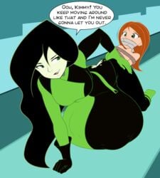 anal_vore black_hair bodily_fluids bondage clothing disney disney_channel female_only female_pred female_prey gag gagged green_eyes kim_possible kimberly_ann_possible red_hair rope same_size_vore shego starcrossing vore