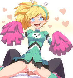 blonde_hair blue_eyes bottomless cheerleader cheerleader_uniform clam_curry cowgirl_position cum cum_in_pussy cum_inside fangs female happy happy_sex headband heart kunio-kun linnea_(river_city_girls) no_panties offscreen_character offscreen_male open_mouth penetration pom_poms ponytail river_city_girls side_ponytail straight vaginal_penetration vertical_pupils white_background