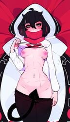 1girls black_hair blush breasts breasts_out cloak demon_tail devil_tail exposed_breasts female female_only flashing flashing_breasts hood hooded_cloak i'm_the_grim_reaper light-skinned_female light_skin nipples pants pants_down red_hair sachiko scar scarf scarf_over_mouth scarlet_(i'm_the_grim_reaper) scars scars_all_over shirt shirt_lift shirt_up short_hair small_breasts tail tail_censor webcomic webtoon