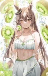 1girls brown_eyes brown_hair cleavage collarbone eyebrows_visible_through_hair female female_only food fruit kiwifruit light-skinned_female light_skin medium_breasts mungduck satono satono_diamond_(umamusume) shawl smile smiling solo umamusume water