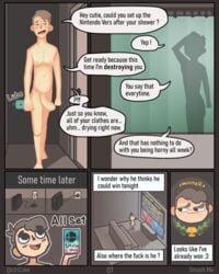 2boys big_penis comic ctrlcake cute gaming gay lube lube_bottle male_only nintendo_switch nude nude_male oc shower smirk super_smash_bros. text text_bubble