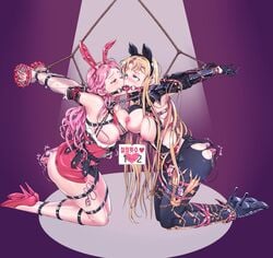 2girls ahe_gao anal anal_insertion animal_ears arms_behind_back bad_id bad_pixiv_id belt black_gloves black_legwear blonde_hair blue_eyes blush bondage bondage_outfit bound bound_together braid breast_grab breasts chains collar dildo dress duo fake_animal_ears female femsub french_kiss gag gloves grabbing hairband high_heels highres jewelry kissing kneeling leg_belt linked_collar linked_nipples looking_at_another multiple_girls multiple_subs mutual_linked_nipples necklace nipple_piercing nipple_tweak nipples nipples_linked_to_another one_eye_closed open_clothes open_mouth open_mouth_gag original piercing pig_ears pink_hair playboy_bunny rabbit_ears ring_gag saliva sex_toy skirt tears thighhighs tongue tongue_out torn_clothes torn_legwear vaginal_insertion yepbee1 yuri