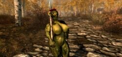 1girls argonian battle_axe erect_nipples female horns huge_breasts muscular nude red_feathers skyrim solo the_elder_scrolls