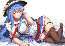 black_panties blue_hair blush bralines breasts hat long_hair looking_at_viewer neropaso no_shoes on_side panties panty_pull pantyhose pantyhose_pull playing_with_hair red_eyes skirt striped_panties tagme tenshi_hinanawi thighs touhou vertical_stripes