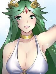 1340smile 1girls alternate_costume big_breasts bikini_top breasts female green_hair jewelry kid_icarus kid_icarus_uprising looking_at_viewer nintendo o-ring_bikini open_mouth palutena solo super_smash_bros. white_bikini