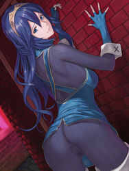 1girls against_wall ass bangs big_ass black_bodysuit blue_eyes blue_gloves blue_hair bodysuit brick_wall closed_mouth clothed dutch_angle female female_only fingerless_gloves fire_emblem fire_emblem_awakening gloves hair_between_eyes hairband leaning_forward long_blue_hair long_hair long_sleeves looking_at_viewer looking_back lucina_(fire_emblem) nintendo pussy_juice pussy_juice_stain shiny shiny_hair shisshou_senkoku solo standing very_long_hair wet_pussy