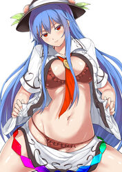 blue_hair blush bra breasts convenient_censoring hat long_hair looking_at_viewer navel neropaso open_clothes open_shirt panties panties_aside red_bra red_eyes red_panties skirt tagme tenshi_hinanawi touhou undressing very_long_hair