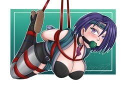 1girls alternate_costume angry arms_behind_back ball_gag bare_thighs between_breasts blue_hair bondage bound breasts choker cleavage drooling femsub fire_emblem fire_emblem:_three_houses fire_emblem_heroes gag gagmanzx green_background hanging_breasts large_breasts legs_up ninja nintendo official_alternate_costume purple_eyes restrained rope rope_bondage saliva saliva_trail shamir_nevrand shamir_nevrand_(ninja) short_hair shorts solo suspension thighs