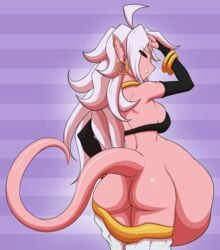 android_21 ass big_belly clothing dragon_ball dragon_ball_fighterz earrings majin_android_21 pink_skin red_eyes same_size_vore starcrossing tail vore white_hair