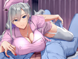 1boy 1girls blue_eyes blush breasts cleavage dark-skinned_male dark_skin erect_penis erection erection_under_clothes garter_straps large_breasts light-skinned_female light_skin looking_at_viewer lying lying_on_person neropaso nurse nurse_uniform original painted_nails stockings straddling tagme teasing thighhighs white_hair