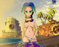 1girls areolae bare_arms bare_breasts bare_midriff bare_thighs barefoot busty choker cleavage cleft_of_venus curvy curvy_body curvy_female curvy_figure curvy_hips erect_nipples facing_viewer front_view goggles goggles_around_neck green_eyes green_hair jak_and_daxter keira_hagai long_ears looking_at_viewer nipples panties photo_background photoshop pointy_ears pulling_down_panties pulling_down_pants pulling_panties stripping tagme white_panties