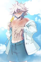 1boy blue_eyes danganronpa danganronpa_s:_ultimate_summer_camp male male_focus male_only nagito_komaeda popsicle solo solo_focus solo_male straight_hair suggestive_fluid suggestive_food swimming_trunks swimsuit swimwear white_hair