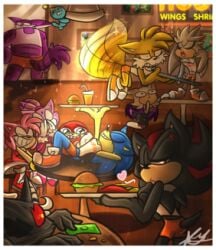 3girls 8boys amy_rose anthro bat big_the_cat blaze_the_cat cat chao_(sonic) clothed female fox furry hedgehog hooters infinite_(sonic) jackal knuckles_the_echidna lap_dance male restaurant rouge_the_bat shadow_the_hedgehog silver_the_hedgehog sonic_(series) sonic_the_hedgehog tails tears