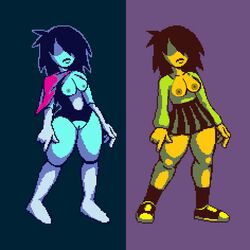 2girls big_breasts breasts deltarune female female_only female_protagonist kris_(deltarune) kris_female_(deltarune) kristi_(deltaglamour) long_hair multiple_girls pixel_art pussy rule_63 skirt tall thick_thighs thighs undertale unknown_artist