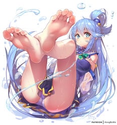 1girls aqua_(konosuba) barefoot blue_eyes blue_hair blush blushed_soles breasts feet feet_up foot_fetish foot_focus goddess hong_(white_spider) kono_subarashii_sekai_ni_shukufuku_wo! long_hair medium_breasts panties skirt soles thick_thighs thighs tied_hair upskirt water wet