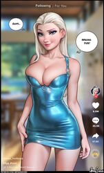 1girls aqua_dress aroma_sensei big_breasts blonde_hair blue_eyes boobs breasts cleavage cleavage_overflow clothed color disney dress elsa_(frozen) female female_only frozen_(film) full_cleavage large_breasts latex platinum_blonde_hair skin_tight solo standing text thick_thighs tight_clothing tight_dress tight_fit tiktok tiktok_overlay wide_hips