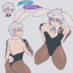 1boy blue_eyes blush bowtie brave_danganronpa:_coward's_paradise bunny_boy bunny_ears bunny_tail bunnysuit danganronpa earrings fanganronpa male_only pantyhose shiriaki_daisuke smooth_skin tattoos text white_hair