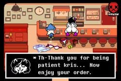 animated ass berdly catti_(deltarune) cowgirl_position cum cum_in_pussy cum_inside deltarune diner female female_on_top goth human_on_anthro human_penetrating_anthro kris_(deltarune) mayin pixel_art public public_sex straight undertale_(series) vaginal_penetration