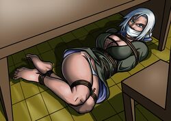 angry arms_behind_back barefoot bent_knees big_breasts blackprof blue_eyes bondage breasts bsdm busty chair cleavage dark-skinned_female dark_skin dress feet fishnets gag hair_bun immobile legs_together looking_at_viewer lying lying_on_side mabui mature mature_female naruto naruto_(series) naruto_shippuden no_bra no_shoes on_floor on_side panties restrained rope silver_hair submissive submissive_female table thick_thighs tied_hair tied_up under_the_table underwear wide_hips