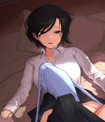 2futas bed big_penis black_hair breasts clothed clothing duo erection erection_in_panties erection_under_clothes frottage frottage_through_clothing futa_on_futa futa_only futanari hand_holding human light-skinned_futanari light_skin looking_at_viewer looking_back mostly_clothed on_back pale_skin panties penis precum school_uniform short_hair solo_focus tenting tontekiss