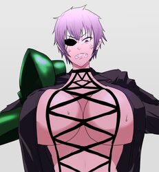 1girls akame_ga_kill! anger_vein angry belly big_breasts black_shirt breasts choker collarbone eyepatch female female_only fit fit_female furious half_nude large_breasts looking_down mature mature_female mechanical_arm najenda_(akame_ga_kill!) open_clothes open_shirt prosthetic prosthetic_arm purple_eyes short_hair silver_hair simple_background solo solo_female solo_focus stomach sweat sweating tane043 teeth tomboy white_background