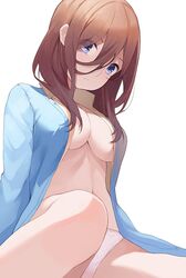 big_breasts blue_eyes go-toubun_no_hanayome half-dressed hiroki_yyqw7151 nakano_miku no_bra no_bra_under_clothes open_shirt panties