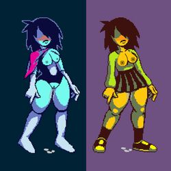 2girls big_breasts blush breasts deltarune embarrassed female female_only female_protagonist kris_(deltarune) kris_female_(deltarune) kristi_(deltaglamour) leaking leaking_pussy long_hair multiple_girls pixel_art pussy pussy_juice pussy_juice_drip pussy_juice_on_ground pussy_juice_puddle pussy_leaking rule_63 skirt tall thick_thighs thighs unknown_artist