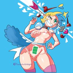 1:1 1girls 2021 absurd_res ahe_gao apron arrow artist_name bare_arms battery battery_life blue_background breasts broken_headphones censor_bar censored cleavage collar drooling eyebrows_visible_through_hair female female_only green_eyes grin half-closed_eyes headphones headshot heart heart-shaped_pupils heart_arrow highres medium_breasts microchip mind_break minus8 original retro_future_cosmic_pet_robot_maid revealing_clothes saliva saliva_drip short_hair shoulder_pads simple_background skindentation smile solo standing star teeth thighhighs thighs torn_clothes underboob url watermark wide_hips yellow_hair