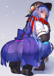 1girls big_butt blue_hair blush boots butt female gloves hat huge_butt large_butt looking_at_viewer looking_back neropaso pantyhose pantylines red_eyes scarf squatting tagme tenshi_hinanawi tiptoes touhou trefoil