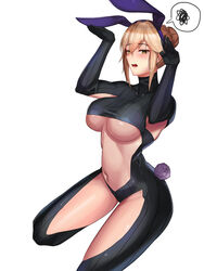 1girls 2018 absurdres animal_ears armpit_cutout artoria_pendragon artoria_pendragon_(lancer_alter) black_bodysuit blonde_hair bodysuit breasts bunny_ears bunny_pose bunny_tail bunnysuit clothing_cutout collarbone cropped_legs drk100 fake_animal_ears fate/grand_order fate_(series) female female_focus female_only hair_bun highres large_breasts looking_at_viewer navel odol_(drk100) open_mouth ribbed_bodysuit solo solo_female speech_bubble stomach turtleneck underboob white_background yellow_eyes