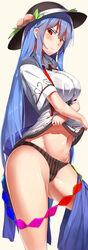 black_panties blue_hair blush embarrassed hat long_hair looking_at_viewer navel neropaso no_pants panties red_eyes skirt skirt_around_one_leg standing striped_panties sweat tagme tenshi_hinanawi thighs touhou undressing vertical_stripes very_long_hair