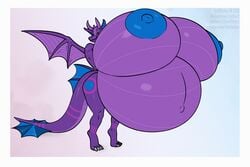 3:2 anthro areola belly big_belly big_breasts blue_eyes blue_nipples borisalien breasts dragon english_text female hi_res horn huge_breasts hyper hyper_belly hyper_breasts hyper_pregnancy nipples nude one_eye_closed pregnant purple_body reptile scalie solo text wings