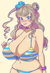 1girls absurdres asymmetrical_hair bangs bare_shoulders bikini biting blonde_hair blue_bikini blue_eyes blue_scrunchie blush breasts bright_pupils choker cleavage collarbone earrings ecchipoo embarrassed female female_focus female_only galko hair_bun hair_buns hair_ornament hair_scrunchie highres huge_breasts jewelry lip_biting lipstick long_hair looking_at_viewer makeup nail_polish navel one_side_up oshiete!_galko-chan pink_choker pink_nails pink_scrunchie scrunchie shiny_skin single_side_bun solo stomach striped striped_bikini stud_earrings swimsuit upper_body white_pupils wide_hips wrist_scrunchie yellow_background