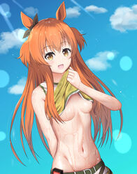 animal_ears artist_request belt blue_sky breasts clothes_lift cloud eyebrows_visible_through_hair female highres horse_ears light_rays long_hair looking_at_viewer mayano_top_gun_(umamusume) navel no_bra open_mouth orange_hair refraction shirt_lift short_twintails sky small_breasts smile stomach sunbeam sunlight sweat sweating_profusely third-party_source track_uniform twintails umamusume uniform wet wet_clothes wiping_face wiping_sweat wiping_with_shirt yellow_eyes