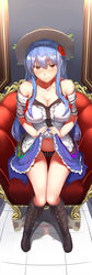 black_panties blue_hair blush boots breasts cleavage flower flower_in_hair hair_ornament hat looking_at_viewer looking_up navel neropaso panties presenting presenting_panties red_eyes sitting skirt skirt_lift striped_panties tagme tears tenshi_hinanawi thighs touhou vertical_stripes