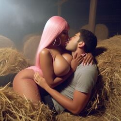 ai_generated barn celebrity dall-e3 dark-skinned_female dark_skin female foreplay hay interracial kissing large_ass large_breasts making_out nicki_minaj sitting_on_lap tongue_out