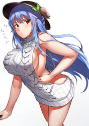 blue_hair blush breasts hat japanese_text long_hair looking_at_viewer neropaso red_eyes sideboob standing sweater tagme tenshi_hinanawi text thighs touhou translation_request very_long_hair virgin_killer_sweater