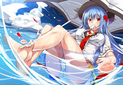 ass barefoot beach blue_hair blush feet flower flower_in_hair hair_ornament hat looking_at_viewer mouth_hold neropaso no_pants panties peach_(fruit) popsicle red_eyes sweat tagme tenshi_hinanawi thighs touhou wet wet_clothes white_panties