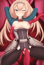 arms_behind_head black_legwear blonde_hair blue_eyes breasts cropped_jacket dress_shirt female flower highres kantai_collection long_hair medium_breasts military military_uniform nipple_penetration nontemu one_eye_closed pantyhose red_flower red_rose rose shirt skirt solo tentacle tentacle_sex tiara torn_clothes torn_legwear underskirt uniform vaginal_penetration victorious_(kantai_collection) white_shirt white_skirt